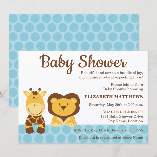 Invitation Baby shower de girafe et de lions (Devant / Derrière)