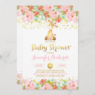 Invitation Baby shower de girafe Floral Pink & Gol