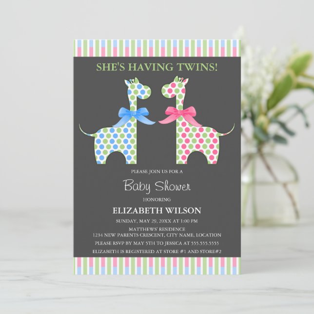 Invitation Baby shower de girafe jumeau garçon et fille (Debout devant)