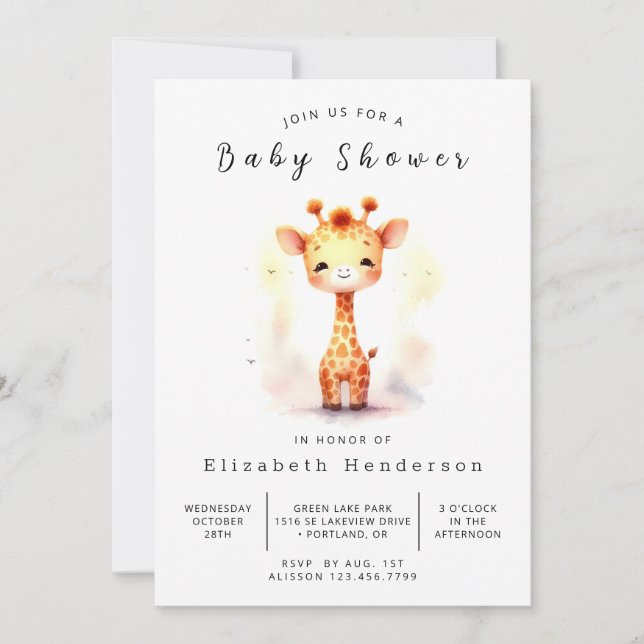 Invitation Baby shower de girafe modifiable Whimsical (Devant)