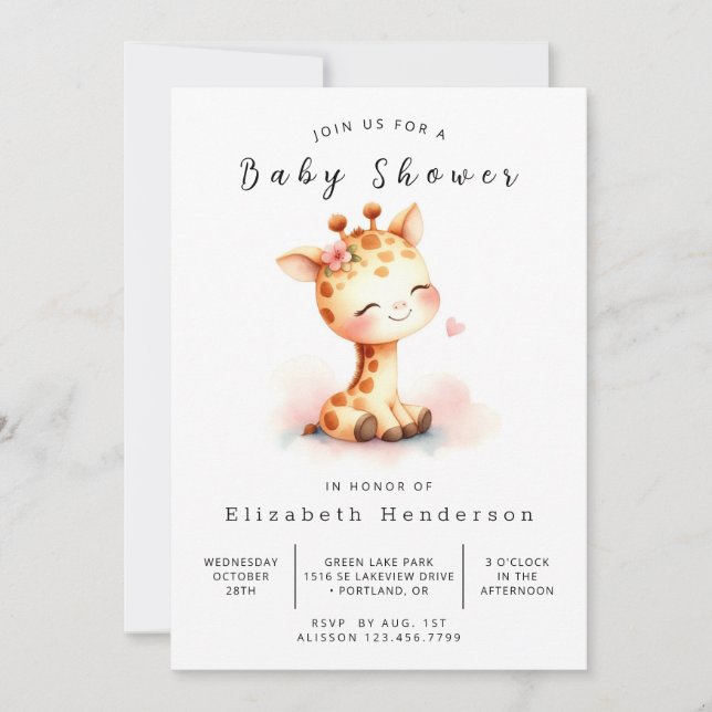 Invitation Baby shower de girafe personnalisé Aquarelle (Devant)