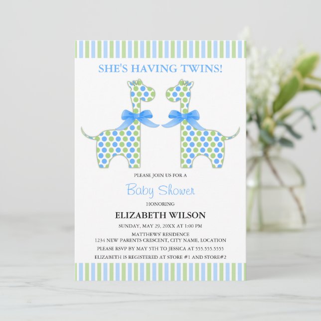Invitation Baby shower de girafe pour garçon jumeaux (Debout devant)