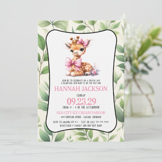Invitation Baby shower de girafe rose (Debout devant)