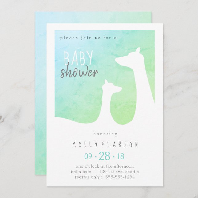 Invitation Baby shower de Giraffe Bleue et Vert Bébé Invitati (Devant / Derrière)