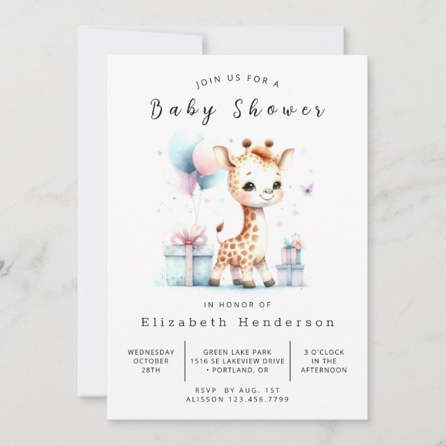 Invitation Baby shower de Giraffe editable de Bohême (Devant)