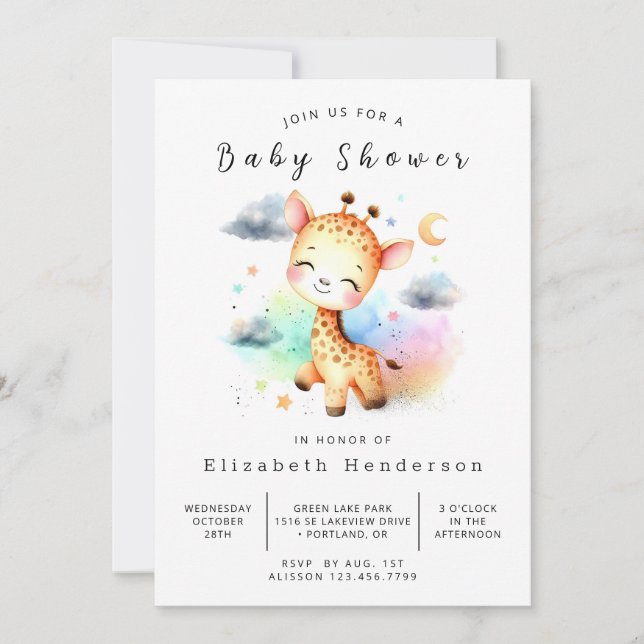 Invitation Baby shower de Giraffe éditable Pastel (Devant)