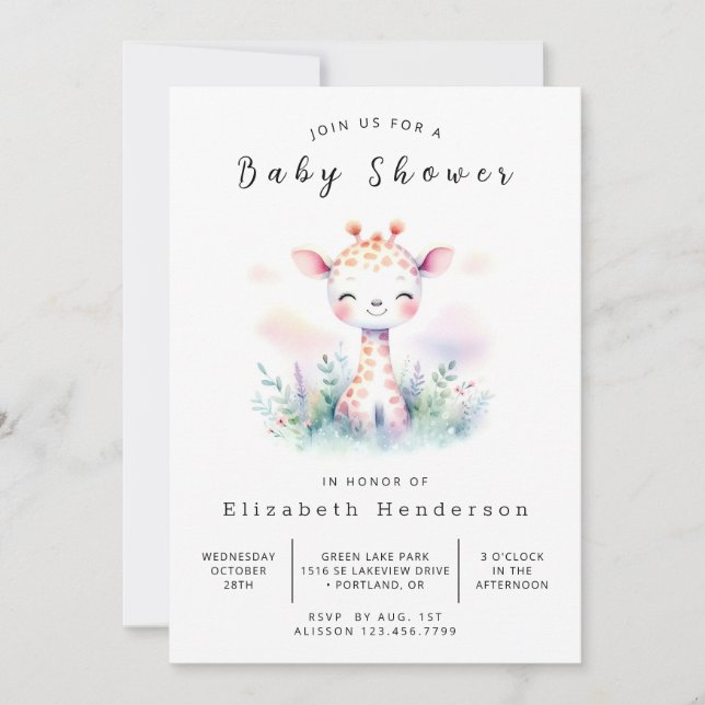 Invitation Baby shower de Giraffe éditable Pastel (Devant)