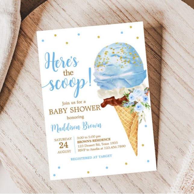 Invitation Baby shower de glace bleu (Here's the Scoop Baby Shower Invitation
)
