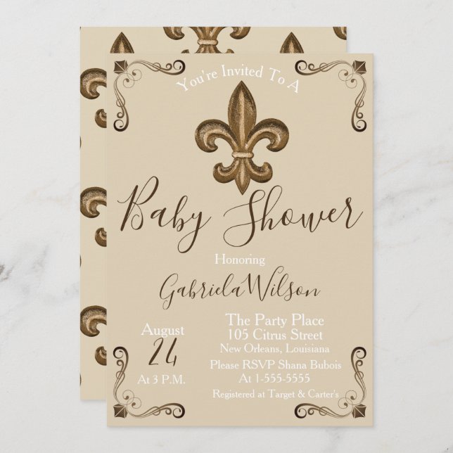 Invitation Baby shower de Golden Fleur de Lis Neutral de (Devant / Derrière)