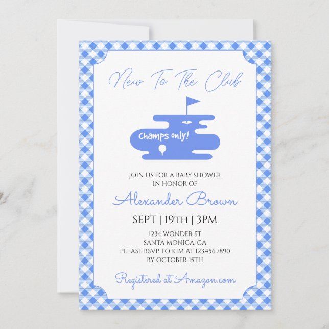 Invitation Baby shower de golf au vichy bleu (Devant)