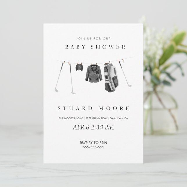 Invitation Baby shower de golf minimal moderne (Debout devant)