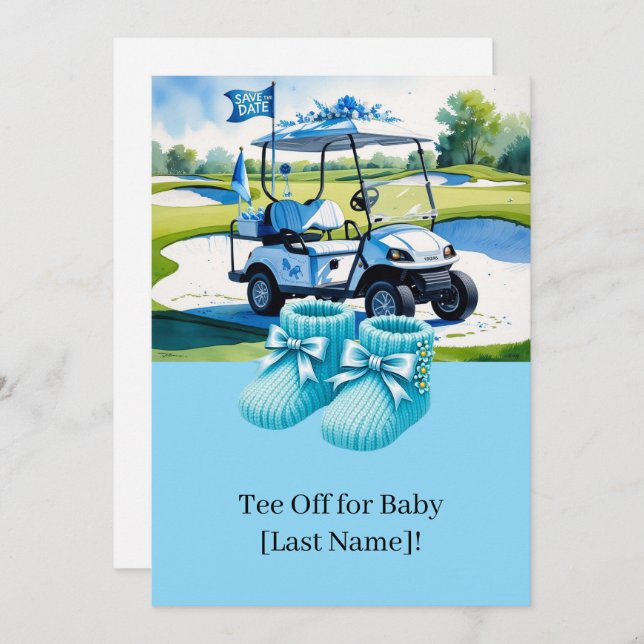 Invitation Baby shower de golf pour garçon avec voiturette de (Devant / Derrière)