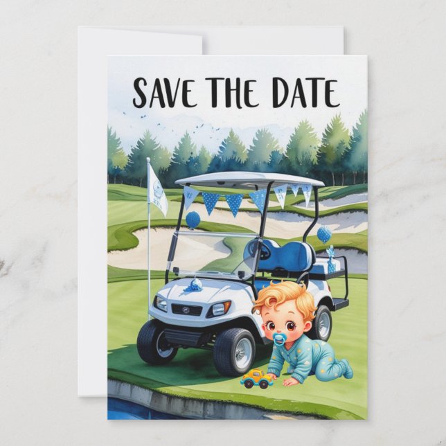 Invitation Baby shower de golf pour garçon avec voiturette de (Devant)
