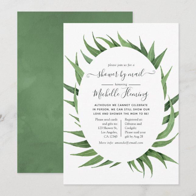 Invitation Baby-Shower de greenery aquarelle par la poste (Devant / Derrière)