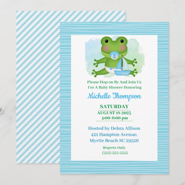 Invitation Baby shower de grenouille bleu et vert (Devant / Derrière)
