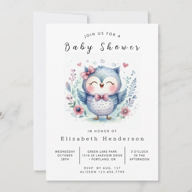 Invitation Baby shower de hibou éditable Pastel (Devant)