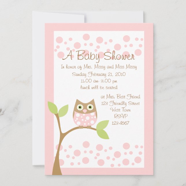 Invitation Baby shower de hibou rose clair (Devant)