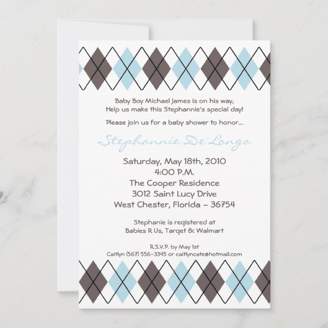 Invitation Baby shower de Jacquard gris bleu 5x7 (Devant)