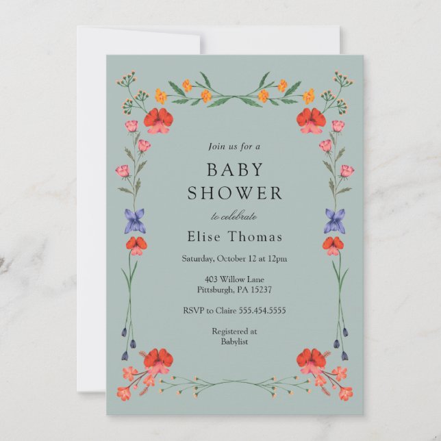 Invitation Baby shower de jardin botanique fleur sauvage (Devant)