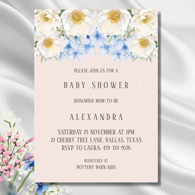 Invitation Baby shower de jardin Floral Blanc bleu Hydrangea (Créateur téléchargé)