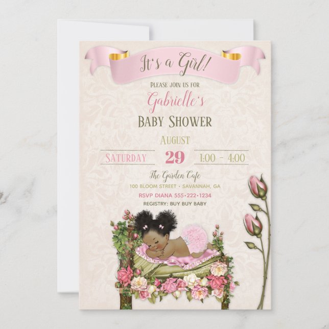 Invitation Baby shower de jardin romantique Roses vert rose (Devant)