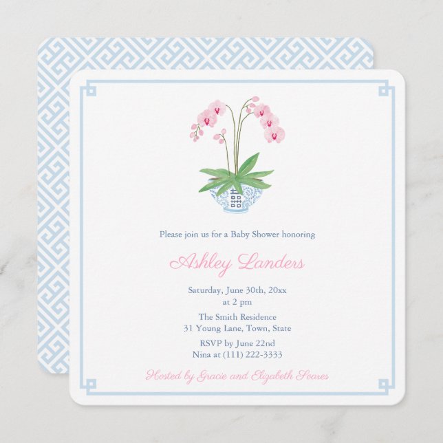 Invitation Baby shower de jarre à orchidée rose bleu Preppy (Devant / Derrière)