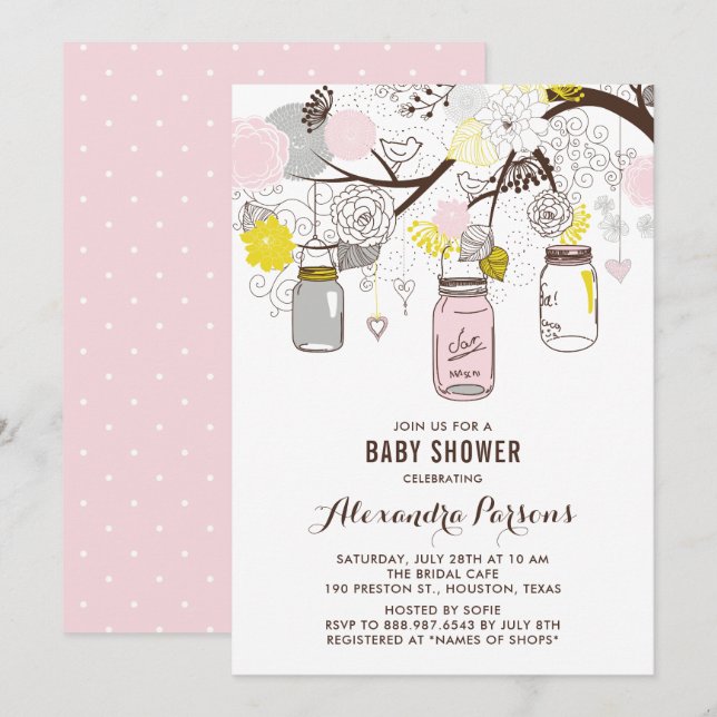 Invitation Baby shower de jarres et de fleurs de Mason rose e (Devant / Derrière)