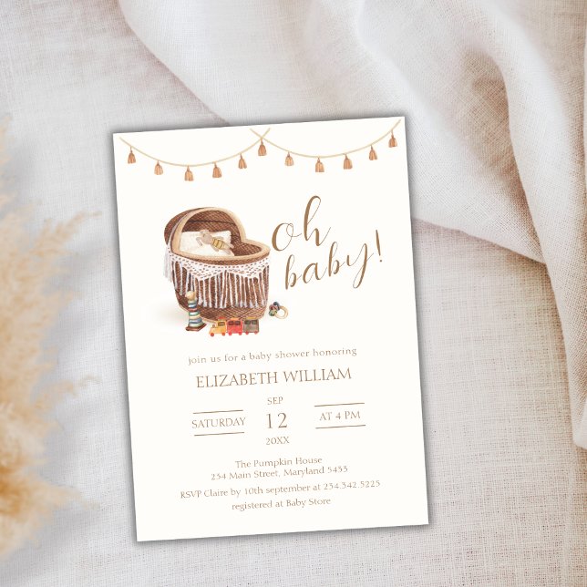 Invitation Baby shower de jouets Boho Bassinet neutre pour le (Gender Neutral Boho Bassinet Toy Baby Shower Invitation)