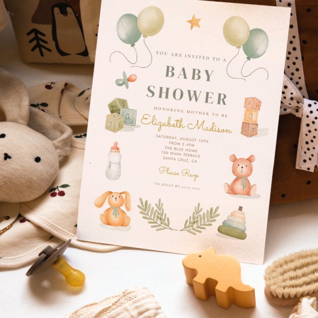 Invitation Baby shower de jouets pour bébé en aquarelle migno (Créateur téléchargé)