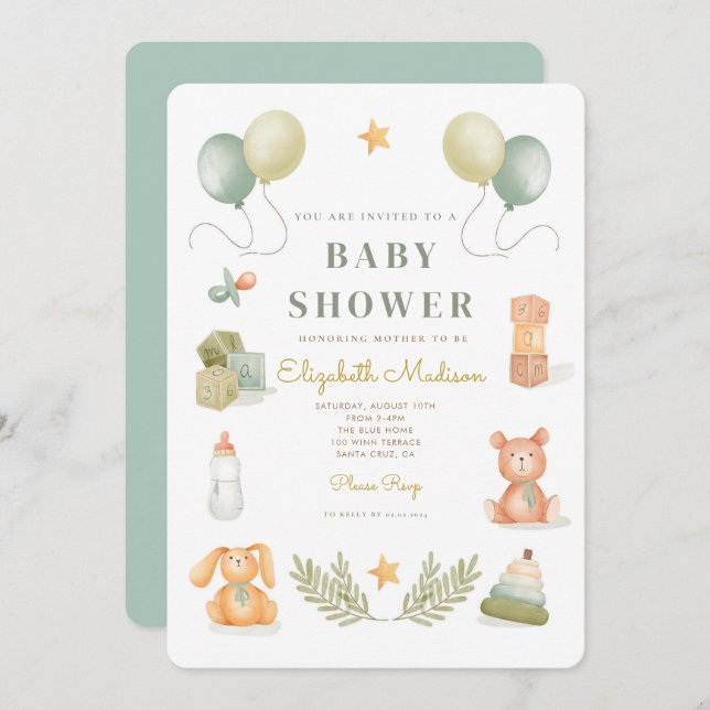 Invitation Baby shower de jouets pour bébé en aquarelle migno (Devant / Derrière)