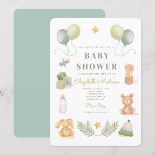 Invitation Baby shower de jouets pour bébé en aquarelle migno