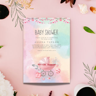 Invitation Baby shower de jouets vintages pour bébé rose et b