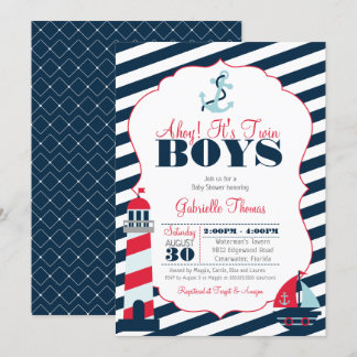 Invitation Baby shower de jumeaux de l'Ahoy Nautical Red Navy