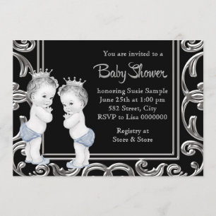 Invitation Baby shower de jumeaux noir, bleu et argent