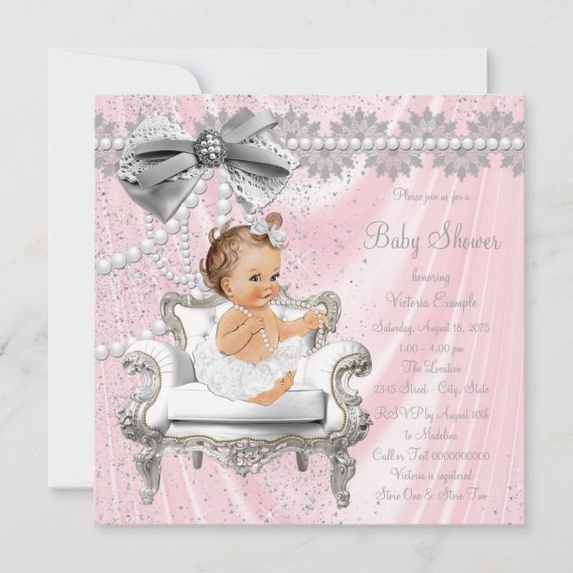 Invitation Baby shower de la chaise de la perle rose gris sat (Devant)