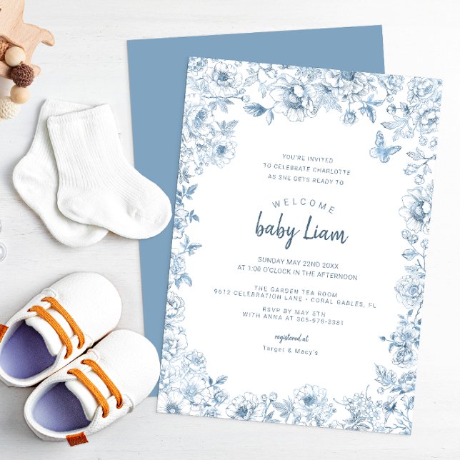 Invitation Baby shower de la Chinoiserie bleue pou (Dusty Blue Baby Shower Invitation)