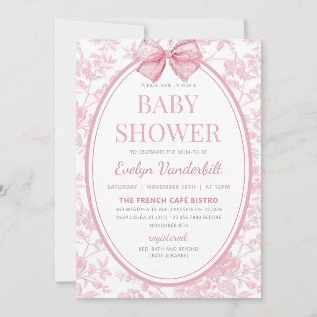 Invitation Baby shower de la Chinoiserie Coquette rose (Devant)