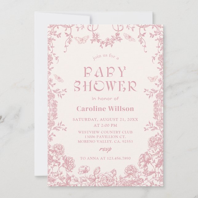Invitation baby shower de la Chinoiserie rose (Devant)