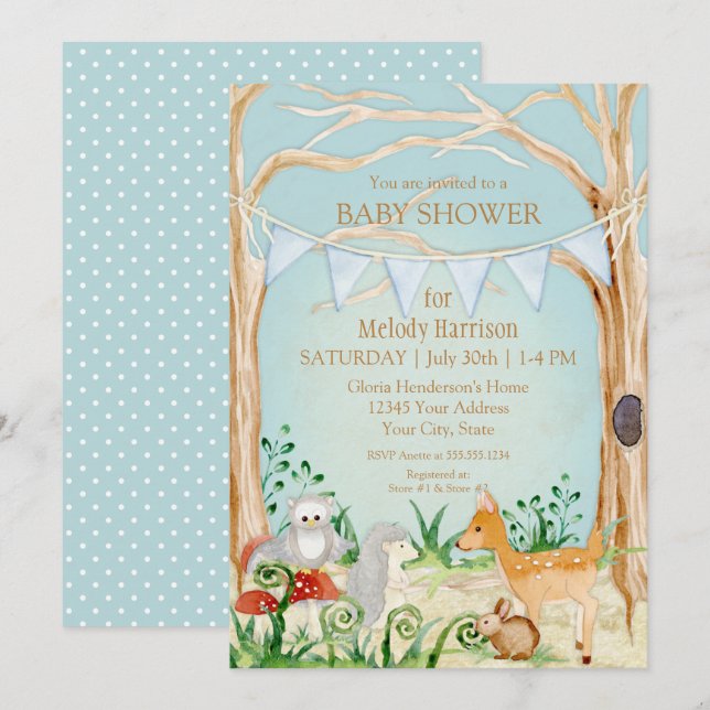 Invitation Baby shower de la chouette de lapin de renard de c (Devant / Derrière)