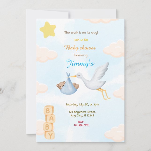 Invitation Baby shower de la cigogne bleue (Devant)