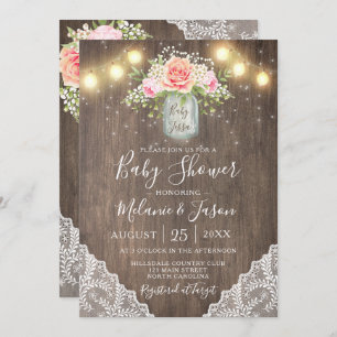 Invitation Baby shower de la dentelle Mason Jar aux fleurs ro