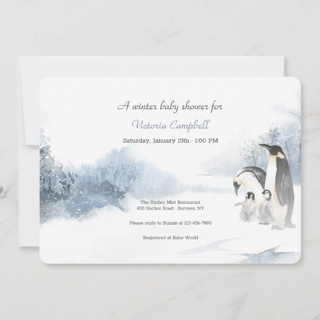 Invitation Baby shower de la famille Penguin (Devant)