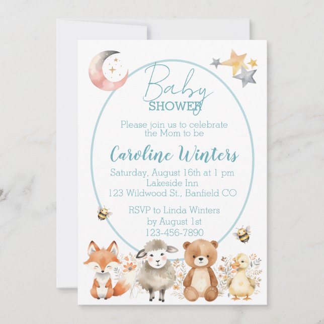 Invitation Baby shower de la faune forestière (bleu) (Devant)