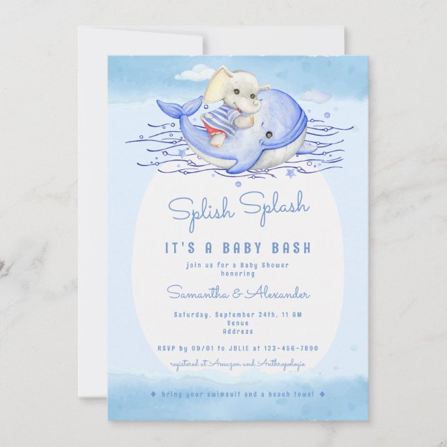 Invitation Baby shower de la fête de l'éléphant Splish Splash (Devant)
