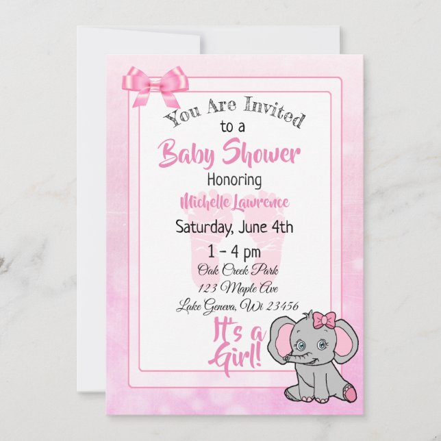 Invitation Baby shower de la fille aux éléphants roses (Devant)