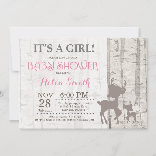 Invitation Baby shower de la fille cerf Bois rusti (Devant)