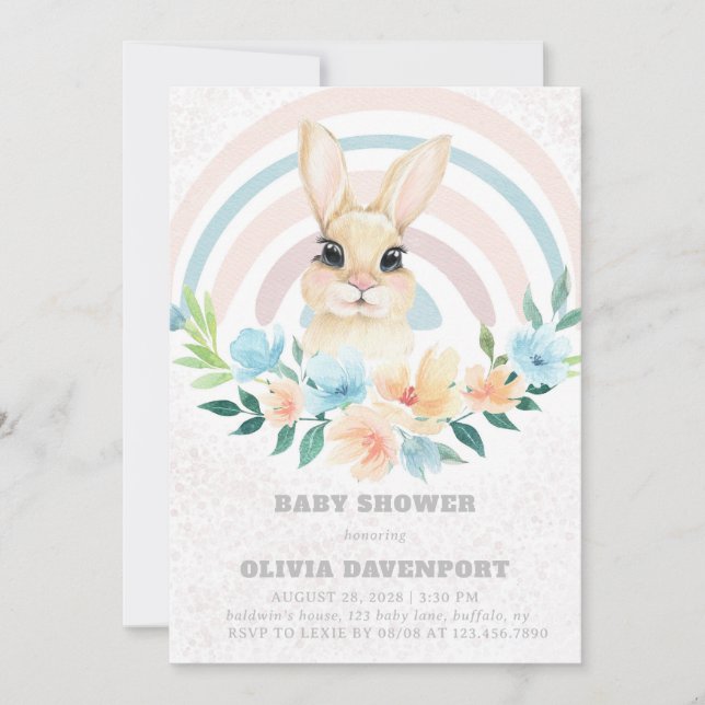 Invitation Baby shower de la fille de l'arc-en-ciel Bunny de  (Devant)