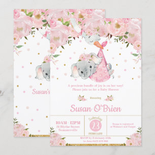 Invitation Baby shower de la fille de l'éléphant rose Floral