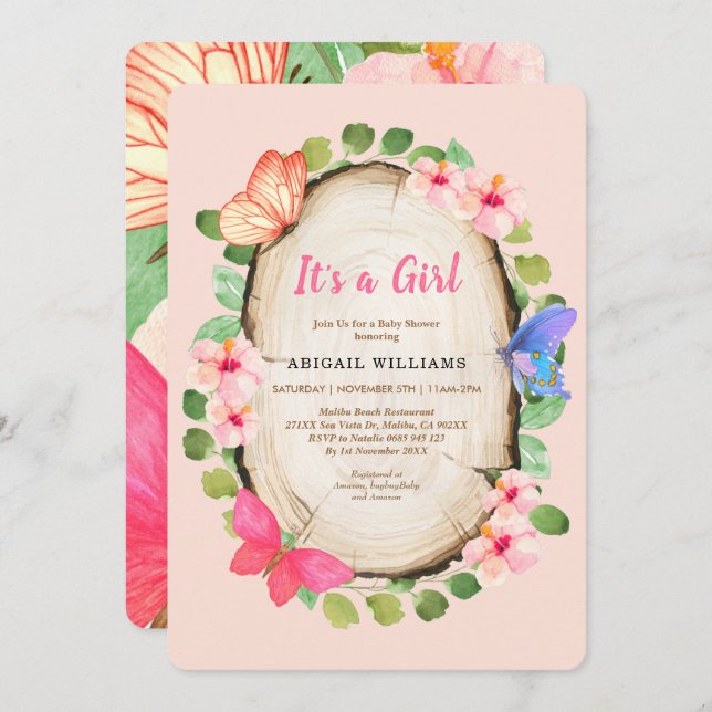 Invitation Baby shower de la fille du papillon du  (Devant / Derrière)