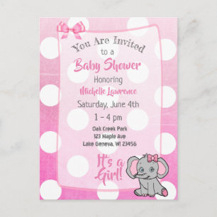 Invitation Baby shower de la fille Eléphante rose